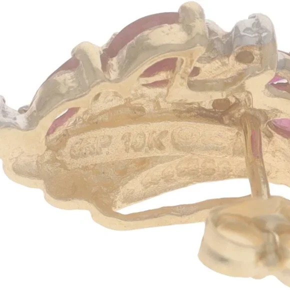 Yellow Gold Ruby & Diamond Lg Cluster Stud Earrings 10k Marquise 1.59ctw Pierced